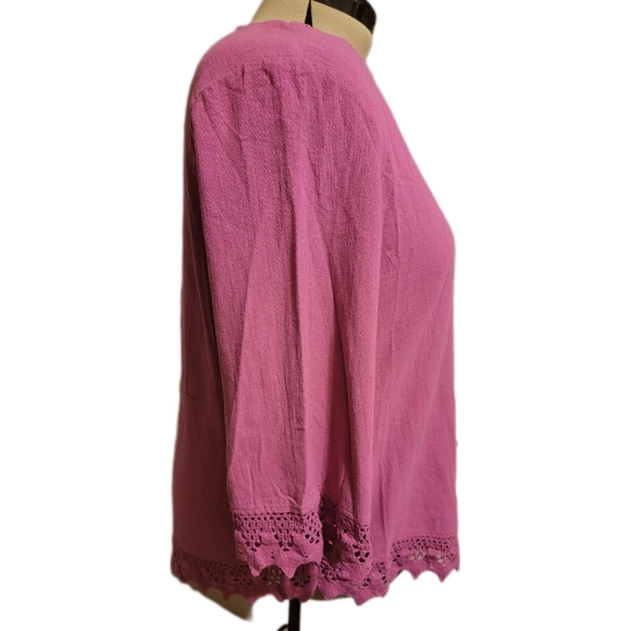 🔖👉 Soft Surroundings Top 3/4 Sleeve Tee Shirt Crochet Detail Sz 2X Hot Pink - Picture 2 of 8